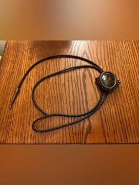 Western Black Braided Leather Bolo Tie with Oval mahogany obsidian stone